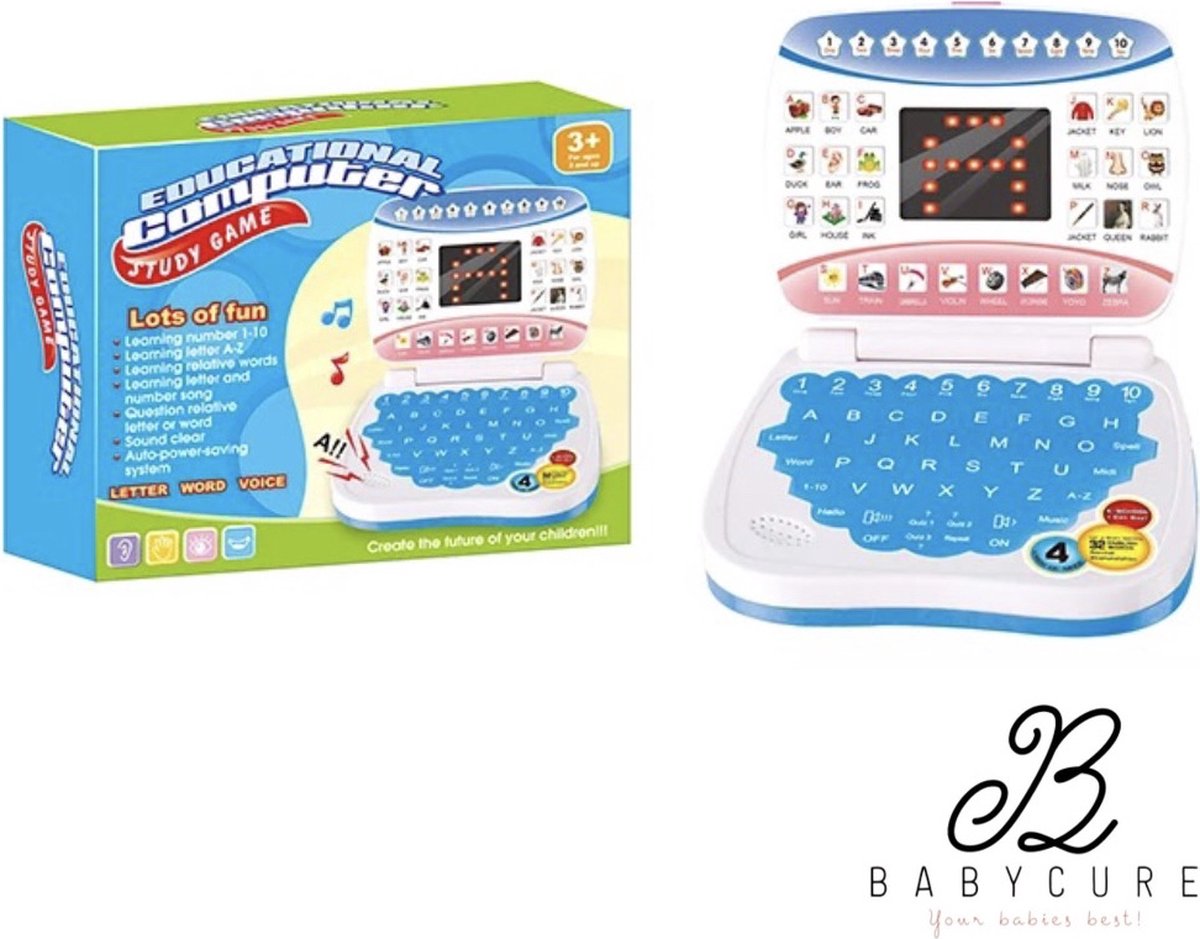 Babycure blauwe speelgoed PC | Studie laptop | Educatieve computer | Letters, woorden, cijfers, quiz stem spelletjes | batterijen niet inbegrepen!